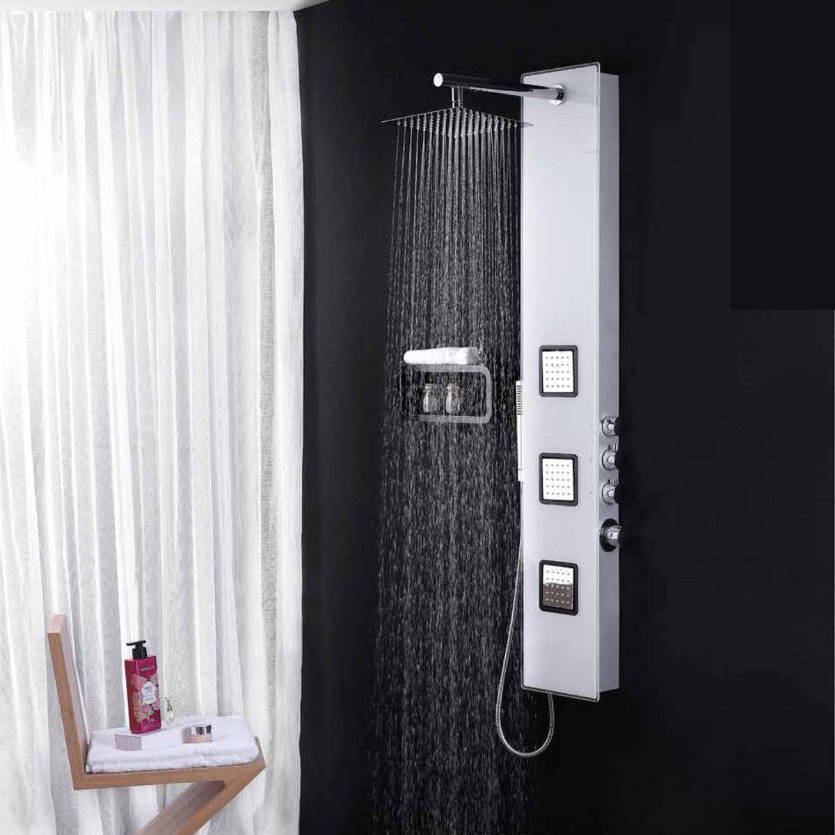 Elegant glass shower panel with thermostat in white: Default