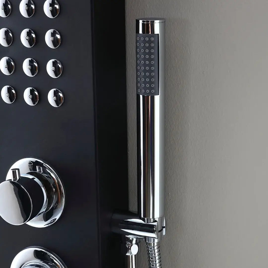 Black aluminum shower panel with hydromassage and shower head