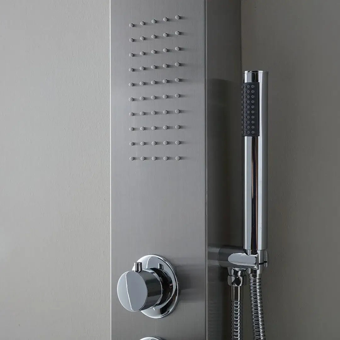 Stainless steel shower panel with chrome hydromassage jets