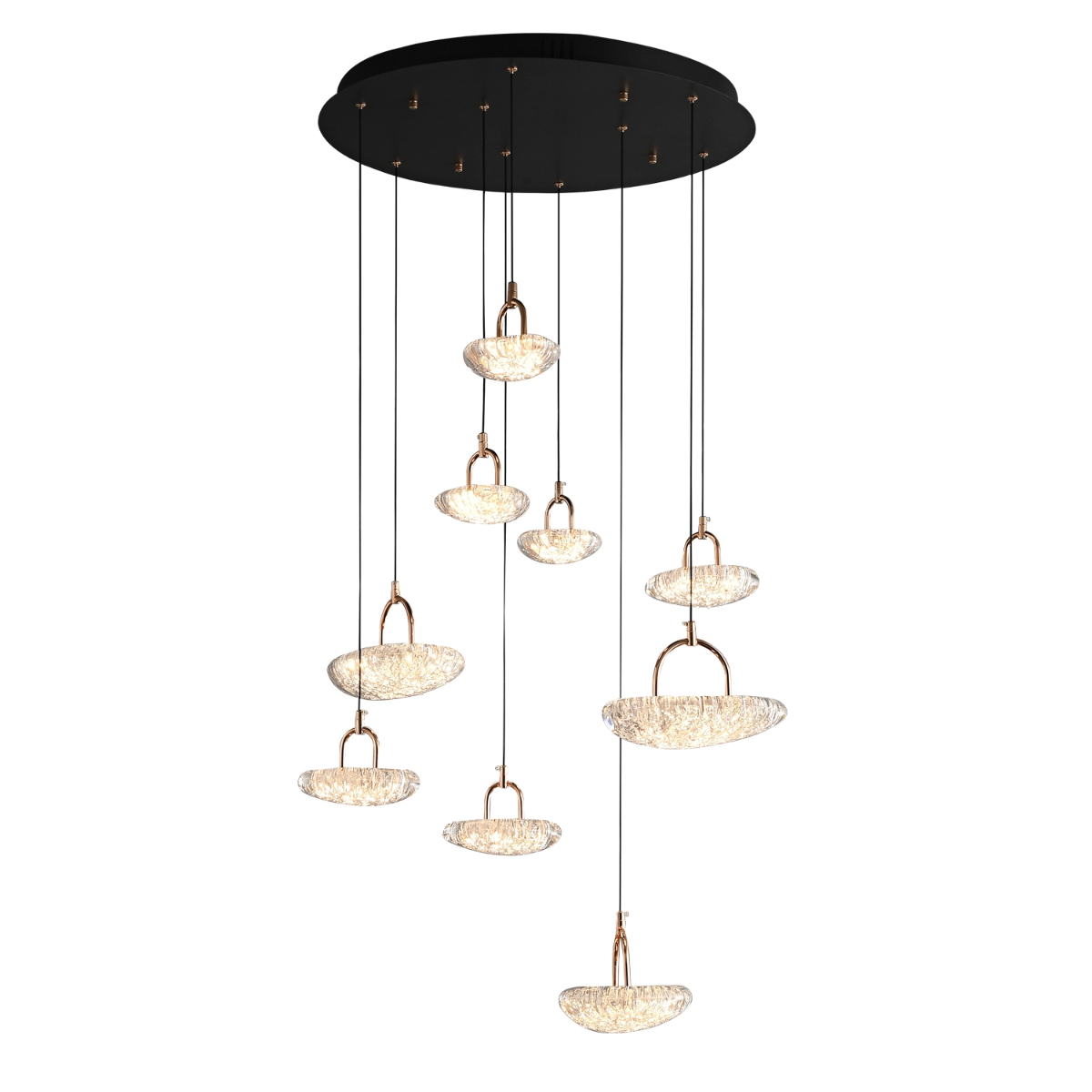 EP2001 cascading pendant chandelier with round black ceiling canopy