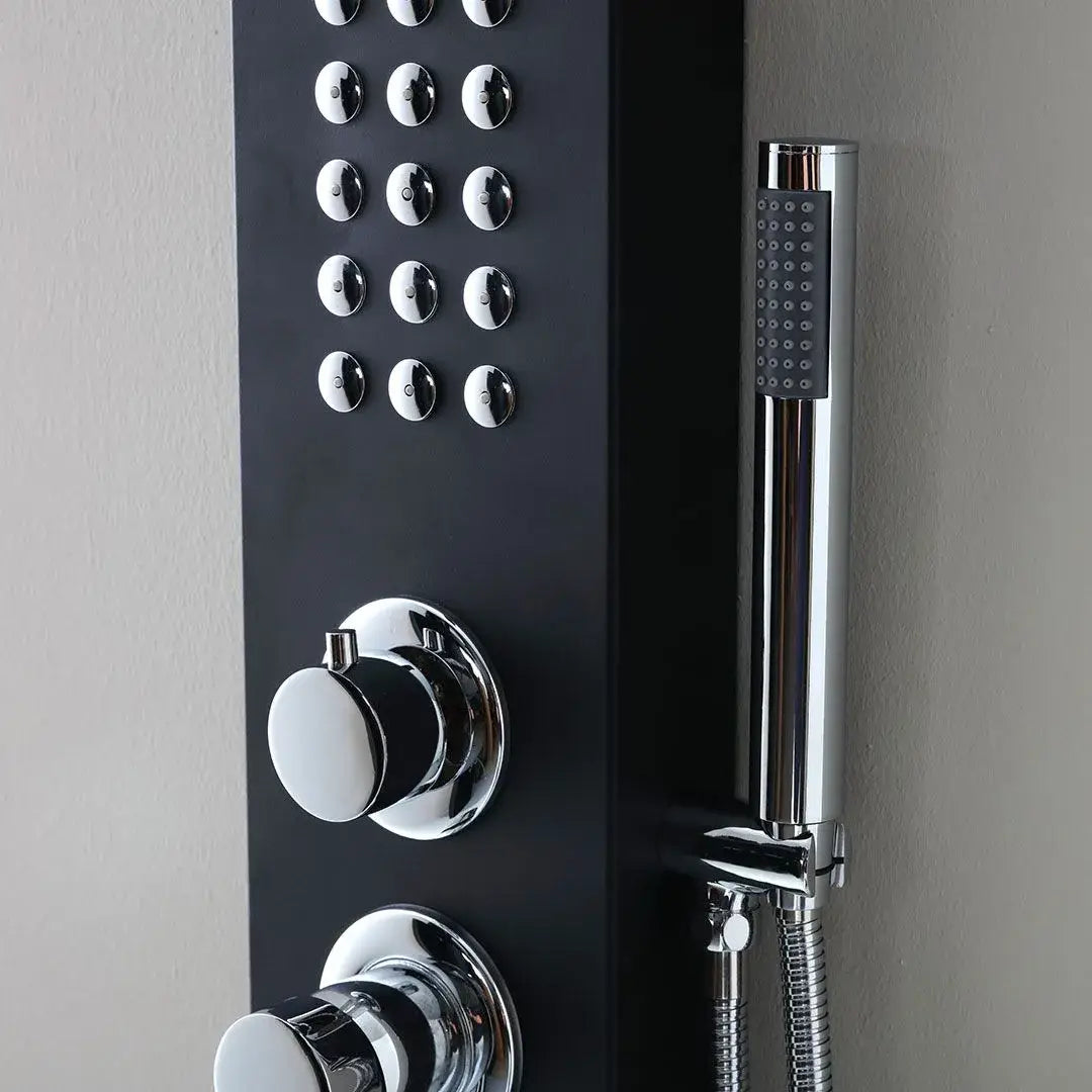 Black aluminum shower panel with hydromassage and shower head