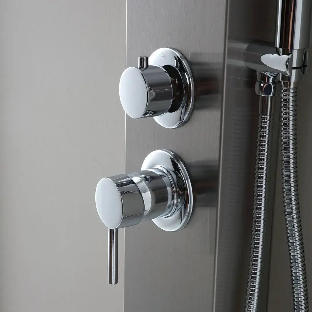 Stainless steel shower panel with chrome hydromassage jets