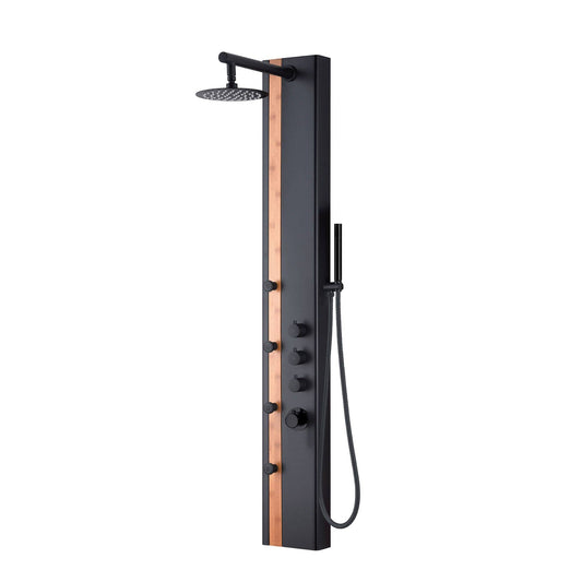 XXL shower panel in matt black with thermostat and real bamboo insert: Default