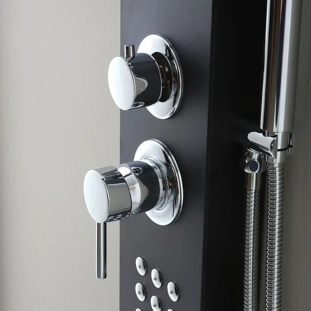 Black aluminum shower panel with hydromassage and shower head