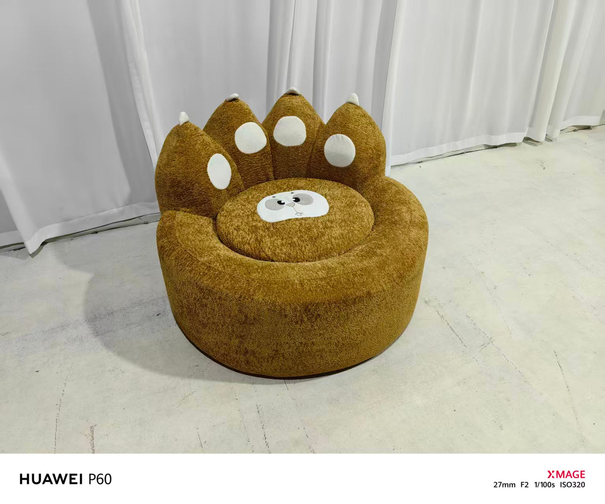 K39-2 mustard olive paw-shaped sofa with white paw pads and face seat cushion
