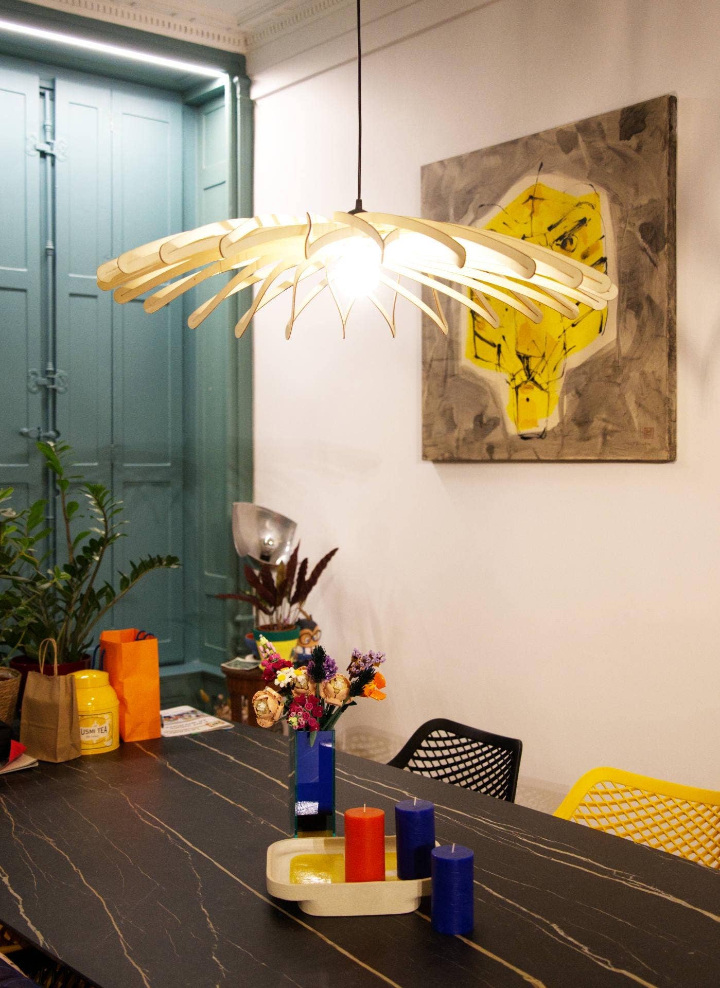 Dalida The Dahlia - Handmade Floral Wooden Pendant: Pear-shaped bulb / 90 cm - Okoumé