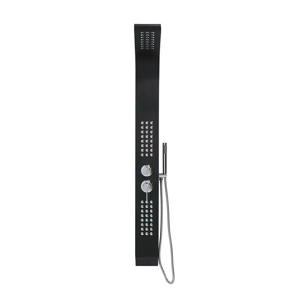 Black aluminum shower panel with hydromassage and shower head