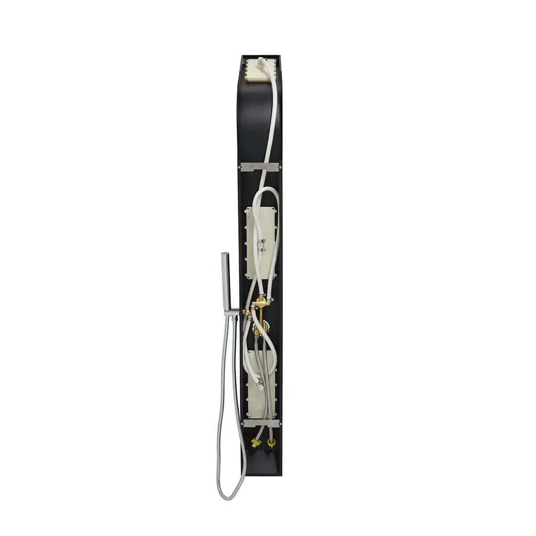 Black aluminum shower panel with hydromassage and shower head