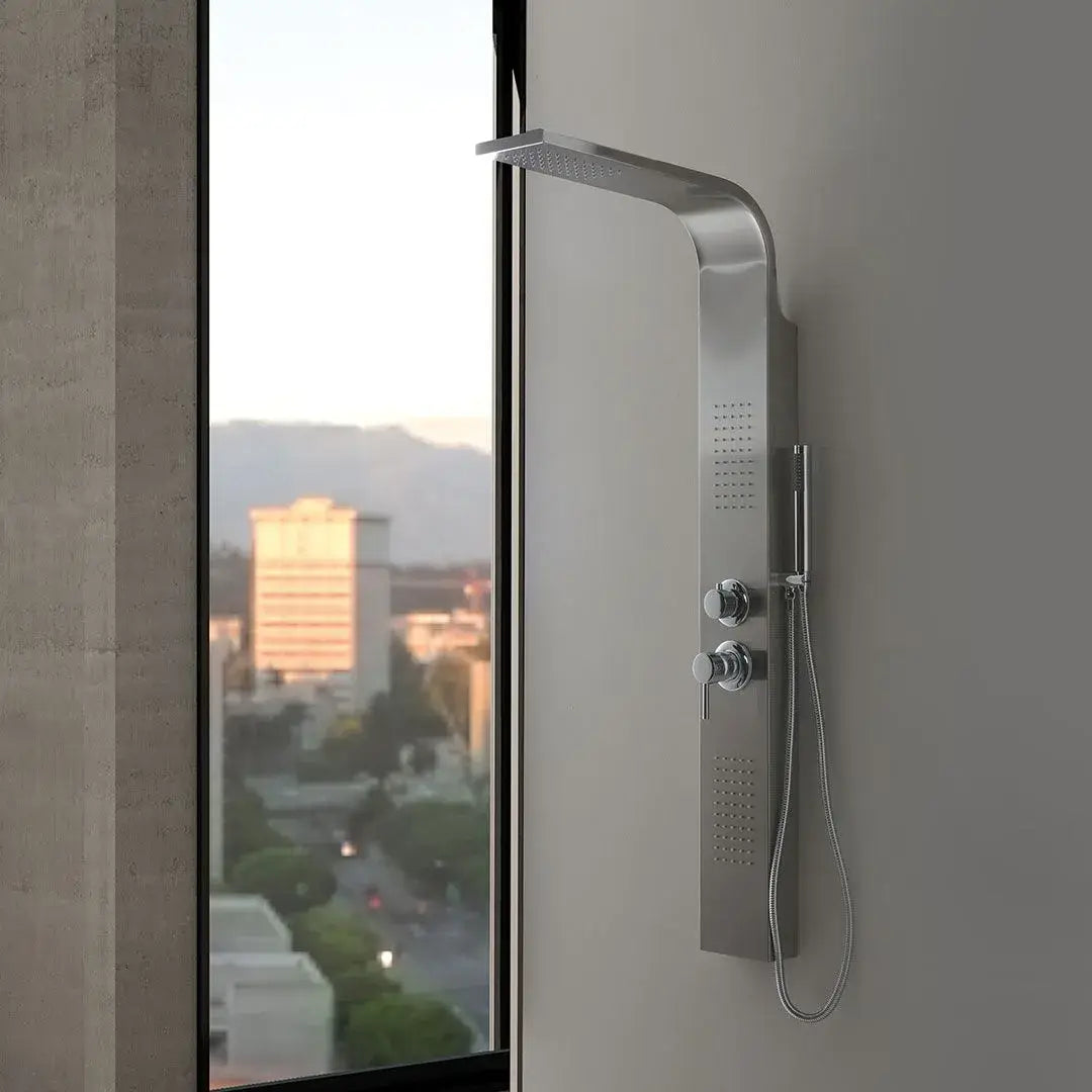 Stainless steel shower panel with chrome hydromassage jets