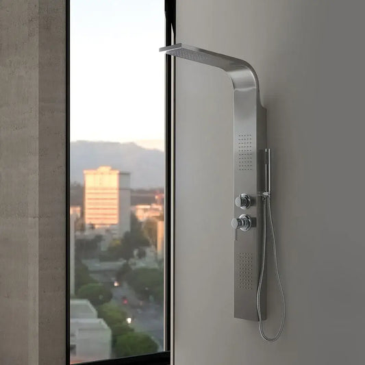 Stainless steel shower panel with chrome hydromassage jets