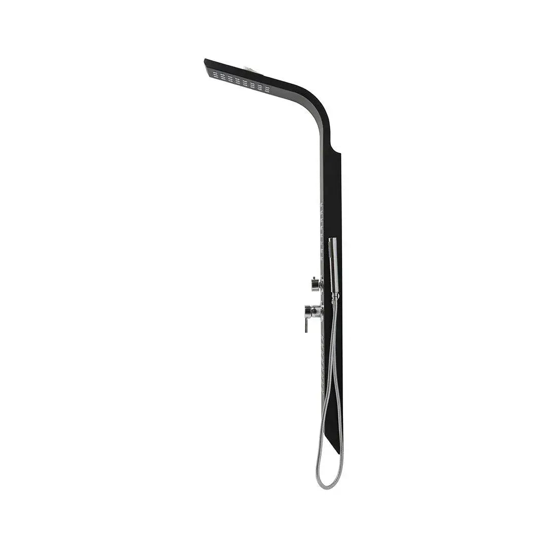 Black aluminum shower panel with hydromassage and shower head