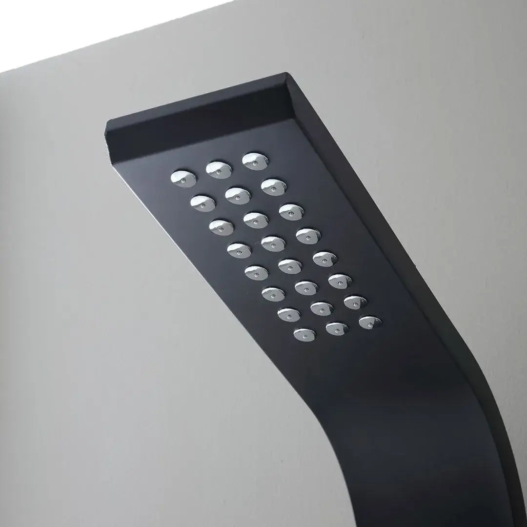 Black aluminum shower panel with hydromassage and shower head