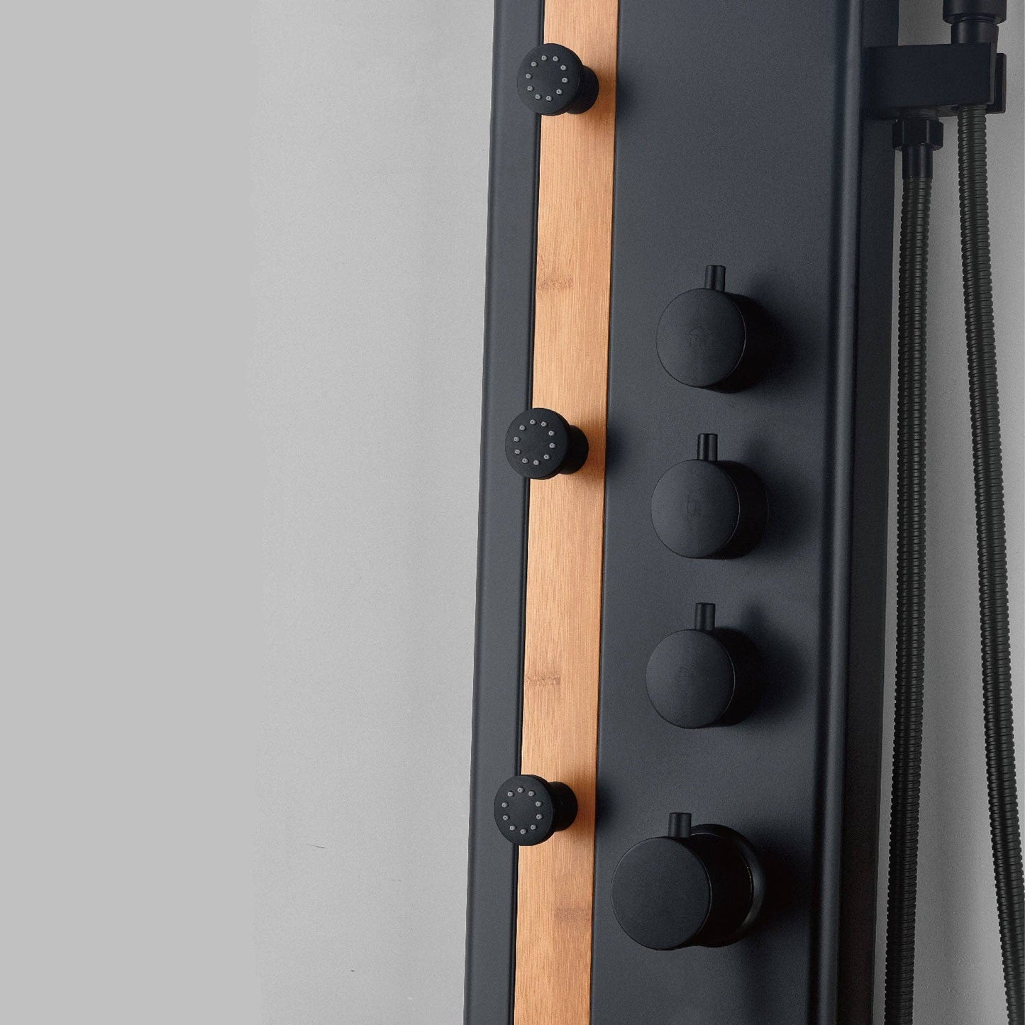 XXL shower panel in matt black with thermostat and real bamboo insert: Default
