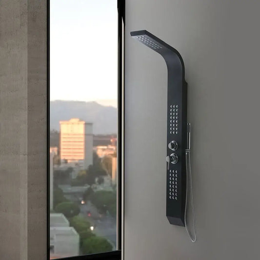 Black aluminum shower panel with hydromassage and shower head