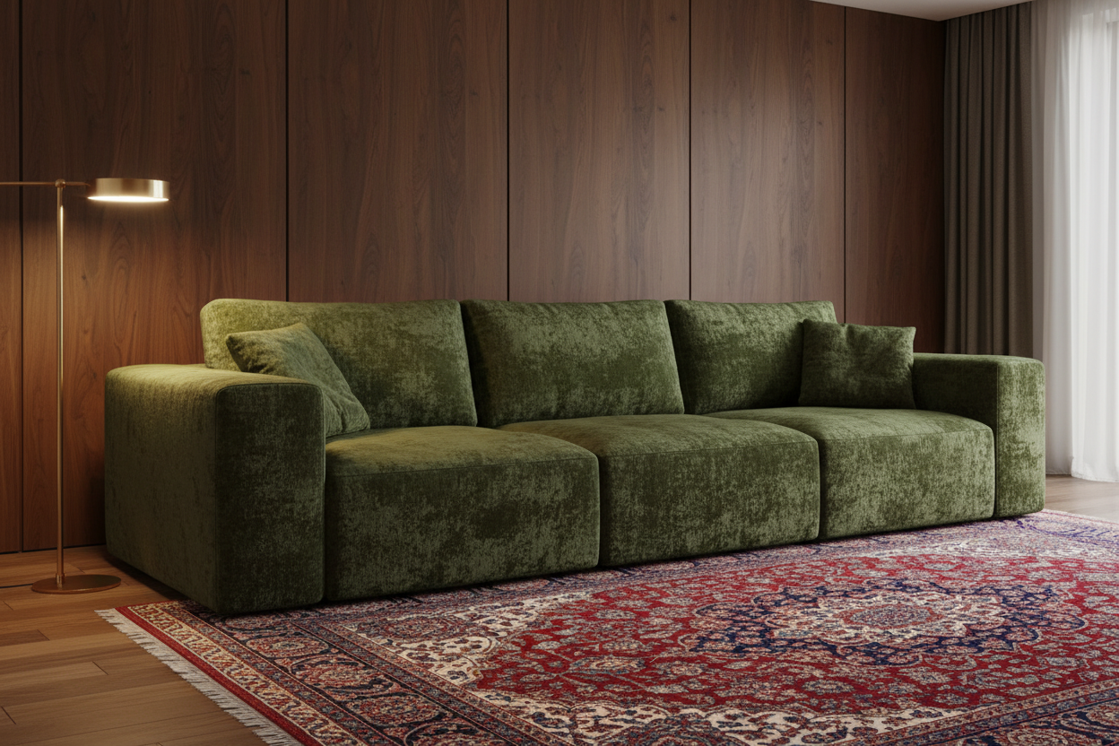 Sofa K15-3 olive green velvet - dark wood wall interior
