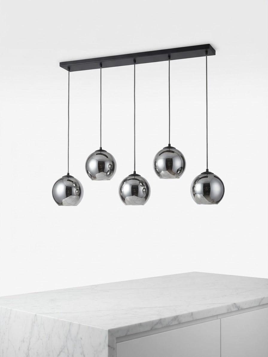 Five smoked glass globe pendant light with black rectangular canopy