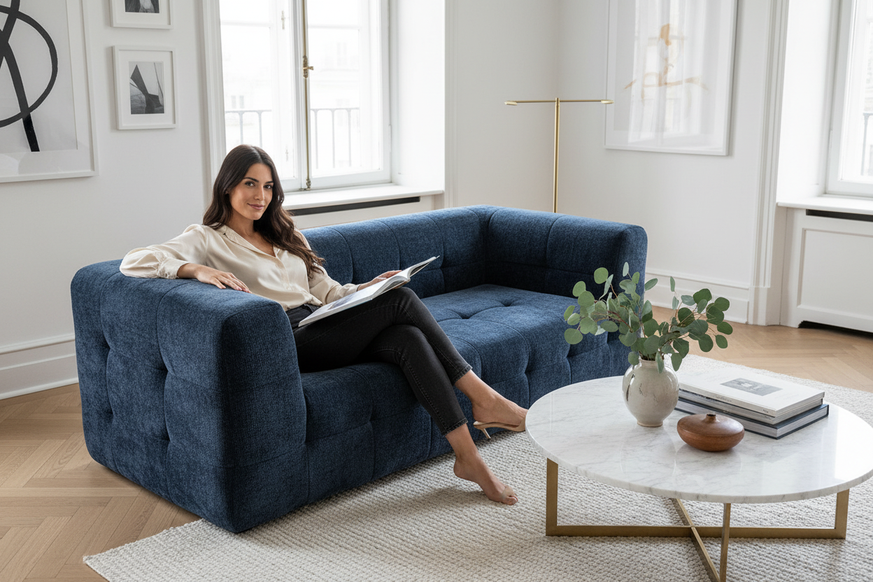 Sofa K30-1 navy blue with Italian woman