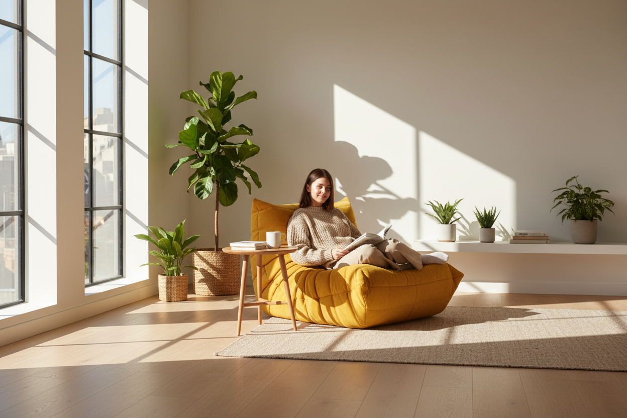 Boneless Sofa K01 lifestyle photo with person in modern living room