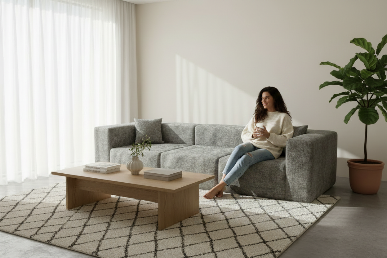 Sofa K15-2 grey fabric with woman