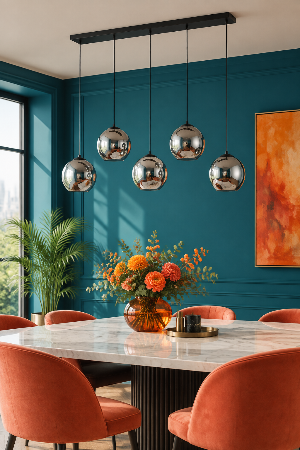 Smoked glass globe pendant in a colorful dining room