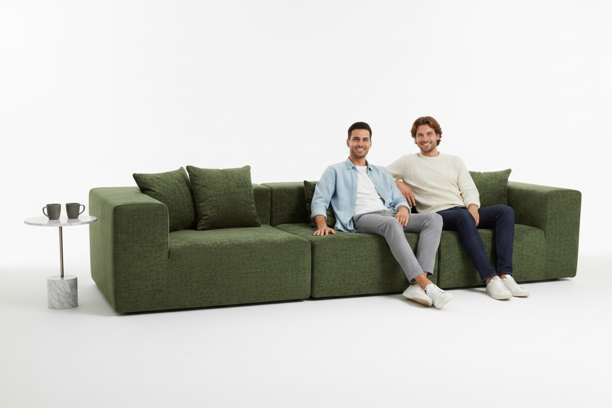Sofa K15-3 olive green velvet - two men lifestyle