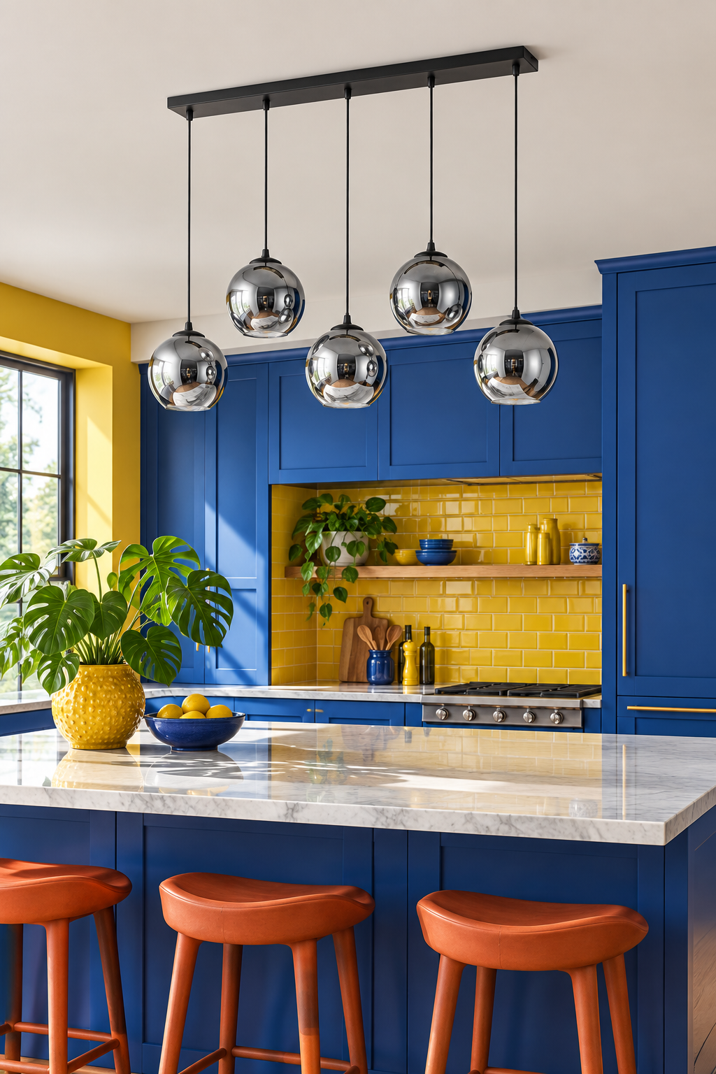 Smoked glass globe pendant above a colorful kitchen island